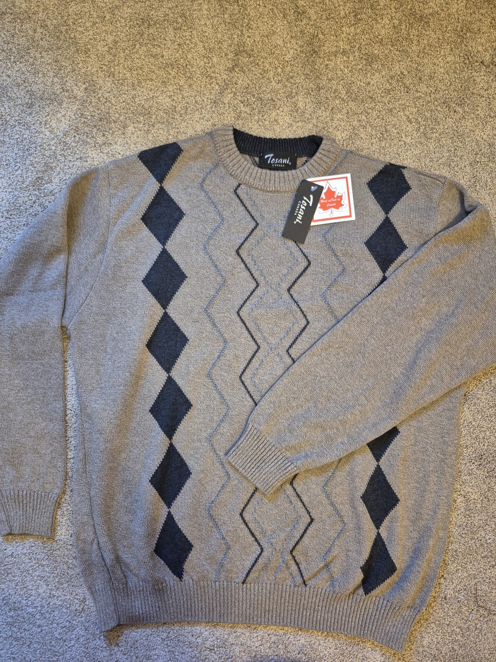 Vintage Tosani Cda NWT NOS Men's Beige Tan All Over Argyle Crewneck Sweater Lg